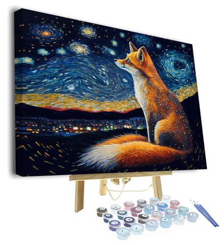 Fuchs Bilder Malen nach Zahlen für Erwachsene Anfänger Nacht Sternenhimmel Malerei Malen nach Zahlen Kits auf Leinwand Acrylfarbe Zeichnung Malerei mit Pinseln Ölmalerei Home Decor16 x20Gerahmt von TISHIRON