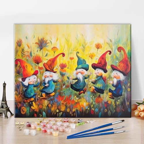 Gnome Malen nach Zahlen für Erwachsene Kinder Alter Blumenfeld Hintergrund DIY Kunst Handwerk Anfänger Frühling Blume Malen nach Zahlen Kit Ölmalerei Malen nach Zahlen Kits auf Leinwand 16 "x20" von TISHIRON