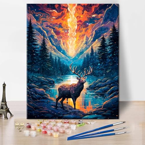 Hirsch Malen nach Zahlen für Erwachsene Anfänger Abstrakte Bunte Malerei Landschaft Wälder Malen nach Zahlen Kits auf Leinwand Acrylfarbe Zeichnung Malerei mit Pinseln Ölmalerei Home Decor16x20" von TISHIRON