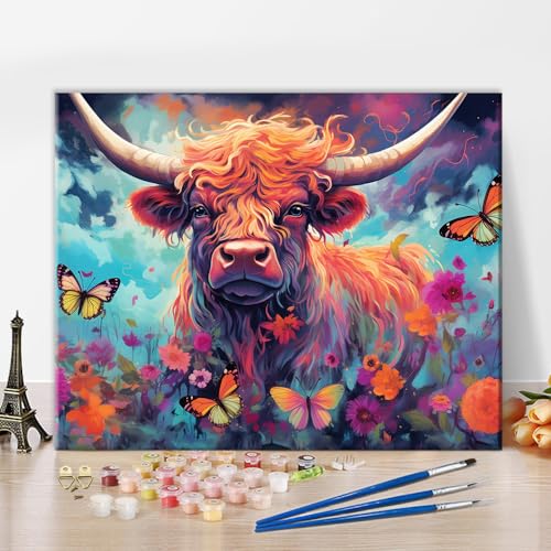 Hochland Kuh Malen nach Zahlen für Erwachsene Bunte Kuh Wilde Tiere Schmetterling Malen nach Zahlen für Anfänger Kinder Leinwand für Malerei Acryl Pigment Kunsthandwerk für Home Office 16 "x20" von TISHIRON