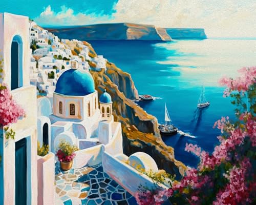 Italien Blaues Gebäude Malen nach Zahlen Erwachsene Landschaft am Meer DIY Seelandschaft Öl Leinwand Gemälde Set Acrylic Santorini Malen Malerei Kit Wanddekoration Ölgemälde für Anfänger 40x50 cm von TISHIRON