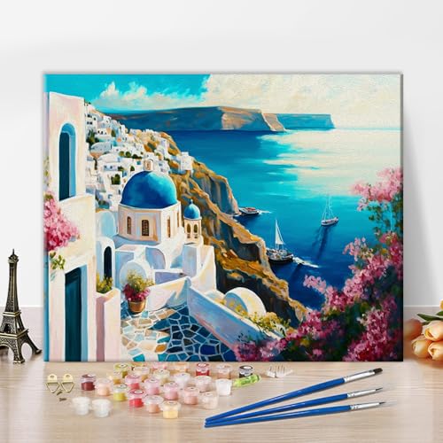 Italien Blaues Gebäude Malen nach Zahlen Erwachsene Landschaft am Meer DIY Seelandschaft Öl Leinwand Gemälde Set Acrylic Santorini Malen Malerei Kit Wanddekoration Ölgemälde für Anfänger 40x50 cm von TISHIRON