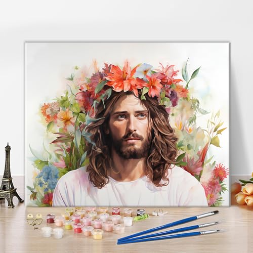 Jesus Porträt Digitale Malerei Erwachsene Anfänger Jesus trägt eine Krone Digitale Malerei Blumen DIY Propylen Zeichnung Kit Kinder Pflanzen Digitale Zeichnung Kit Kunst Erwachsene 16 x 20 Zoll von TISHIRON