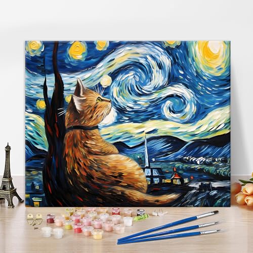 Katze DIY Malen nach Zahlen Kit für Erwachsene, Katze unter den Sternen Leinwand Malerei nach Zahlen, Starry Moon Stadt Tiere Ölmalerei Acrylmalerei Kunst und Handwerk für Home Decor, 16x20 Inch von TISHIRON