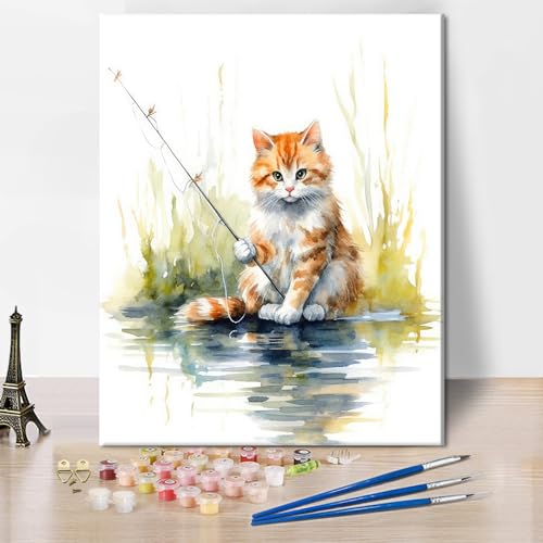 Katze Farbe nach Zahl für Erwachsene Katze Angeln Acryl Malerei nach Zahlen Kits mit Pinseln Aquarell Einfache Malerei Leinwand Geschenke Paint Kits für Erwachsene Kinder Kunst Handwerk 16 x20 Inch von TISHIRON