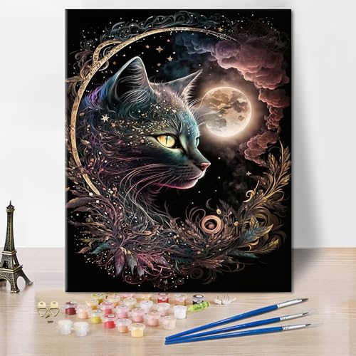 Katze Farbe nach Zahlen Kit für Erwachsene Mystische Mond Katze DIY Farbe nach Zahlen Aquarell Blumen Farbe nach Zahlen Kits Acryl Pigment Farbe nach Zahl Geschenk Home Wand Dekor 16"x20" Rahmenlos von TISHIRON