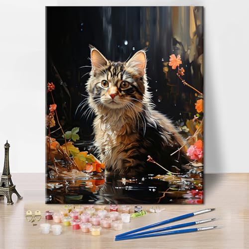 Katze Malen nach Zahlen für Erwachsene Anfänger, Erwachsene Malen nach Zahlen Kits auf Leinwand Niedliches Tier, Malen nach Zahlen Kit für Erwachsene, Acrylmalerei nach Zahlen 16 "x20"(rahmenlos) von TISHIRON