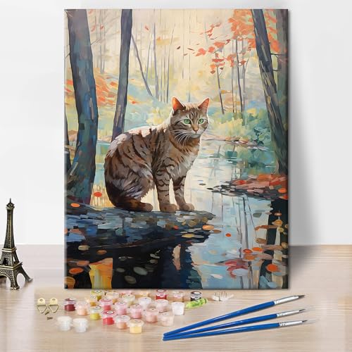 Katze Malen nach Zahlen für Erwachsene Anfänger Katze Malen nach Zahlen Kits Acrylmalerei für Erwachsene Kinder Katze stehend an einem Bach Malen nach Zahlen Malen nach Zahlen Kunsthandwerk16 "x20" von TISHIRON