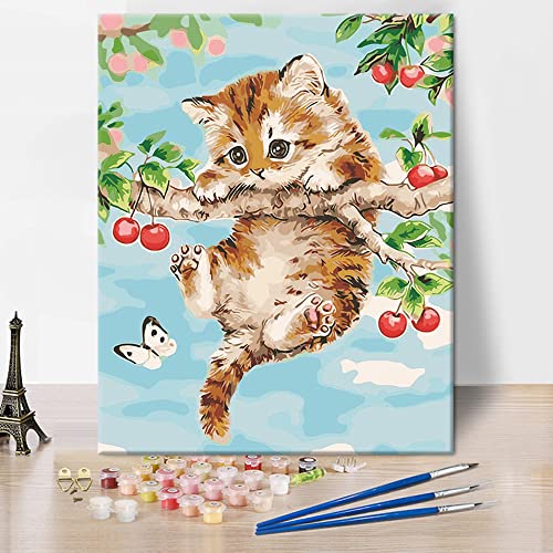 Kirsche und die Katze malen nach Zahlen, Haustiere Katze malen nach Zahlen für Erwachsene Kinder Anfänger, Tiere malen nach Zahlen auf Leinwand DIY Erwachsene malen nach Zahlen Kunst 16x20 Inch von TISHIRON