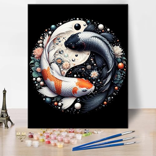 Koi Fisch Malen nach Zahlen für Erwachsene Anfänger, Yin Yang Malen nach Zahlen Kits Schwarz Weiß Zwei Koi Fisch Erwachsene Malen nach Zahlen Acryl Farbe nach Zahlen Kits Home Wall Decor 16 x20 Inch von TISHIRON