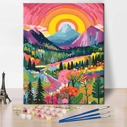 Landschaft Farbe nach Zahlen Kit für Erwachsene Anfänger, Berg DIY Farbe nach Zahlen Kits auf Leinwand, Sonne Landschaft Aquarell Farbe nach Zahlen Kits für Haus Dekor Geschenk 16x20 Inch ohne Rahmen von TISHIRON