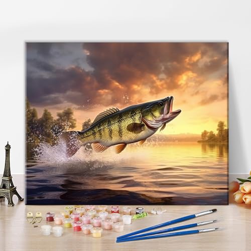 Largemouth Bass Malen nach Zahlen für Erwachsene Fisch Springen aus dem Wasser DIY Ölfarbe nach Zahlen auf Leinwand gelb Malerei Kunsthandwerk Acrylfarben für Kinder Home Decor Malerei Geschenk16"x20" von TISHIRON