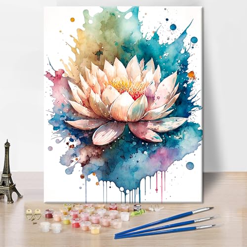 Lotus Farbe nach Zahlen, Abstrakte Lotus Blumen Farbe nach Zahlen Kit für Erwachsene, Aquarell Erwachsene Farbe nach Zahlen Kits Einfache Farbe nach Zahlen für Anfänger Kunsthandwerk 16x20 inches von TISHIRON