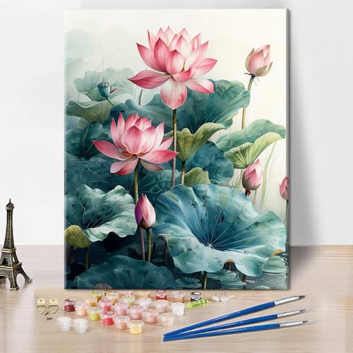 Lotus und Blätter Malen nach Zahlen für Erwachsene Anfänger Lotus Teich Farbe nach Zahlen Acrylfarbe Leinwand für Malerei Wasserfarben Farbe Set Kunst Kits für Jugendliche (Rahmenlos, 40x50cm） von TISHIRON