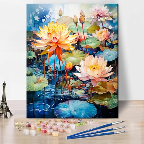 Lotusblume Malen nach Zahlen für Erwachsene Teichlandschaft DIY ?lfarbe nach Zahlen auf Leinwand Kunsthandwerk mit Pinseln Acrylfarben für Kinder Home Decor Malerei Geschenk 16x20 In rahmenlos von TISHIRON