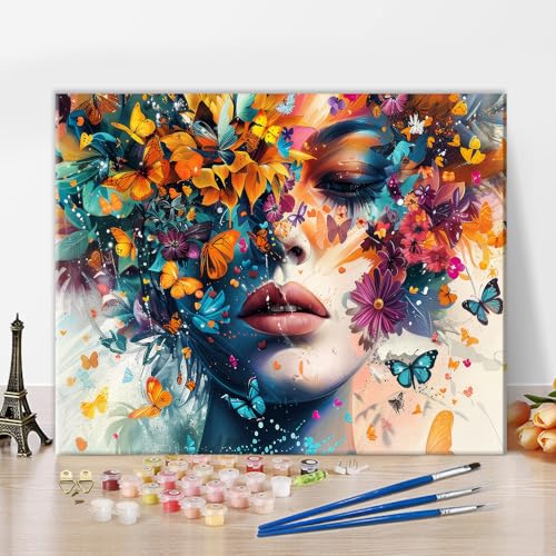 Mädchen Farbe nach Zahlen Mädchen Schönheit der Künstlerischen Konzeption Farbe nach Zahlen für Erwachsene Abstrakte Schmetterlingsfarbe nach Zahl Kits Ölgemälde Kunst für Home Wall Decor 16X20 Inch von TISHIRON