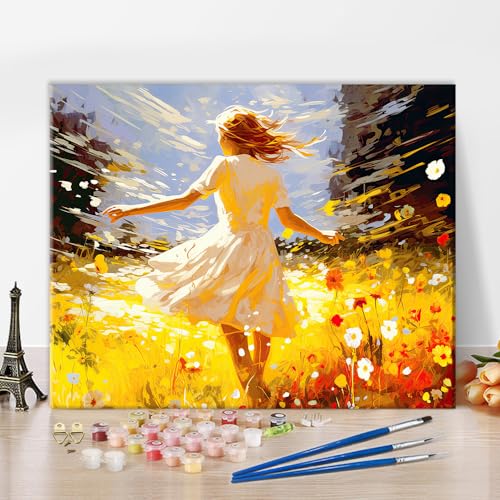 Mädchenrücken Malen nach Zahlen für Erwachsene Mädchen im Blumenfeld DIY Ölmalerei nach Zahlen auf Leinwand Gelbes Thema Malerei Kunsthandwerk Acrylfarben für Kinder Home Decor Malerei Geschenk16"x20" von TISHIRON