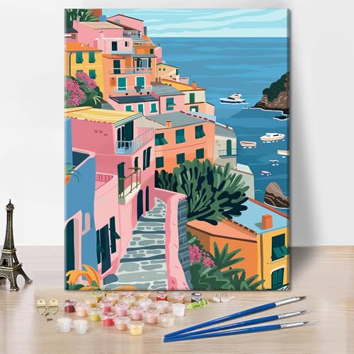 Malen Nach Zahlen Erwachsene Bunte Häuser auf der Insel Procida, Italien - DIY Handgemalt Ölgemälde Leinwand Kits für Frauen Home Deko Geburtstag Weihnachten Geschenk - 40 x 50 cm (Ohne Rahmen) von TISHIRON