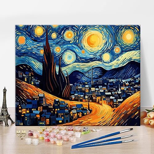 Malen nach Sternennacht Zahl Himmel und Vollmond über der Stadt Malen nach Zahlen für Erwachsene abstrakten Stil Malen nach Zahlen Kits auf Leinwand DIY Malen nach Zahlen für Anfänger 16x20inch von TISHIRON