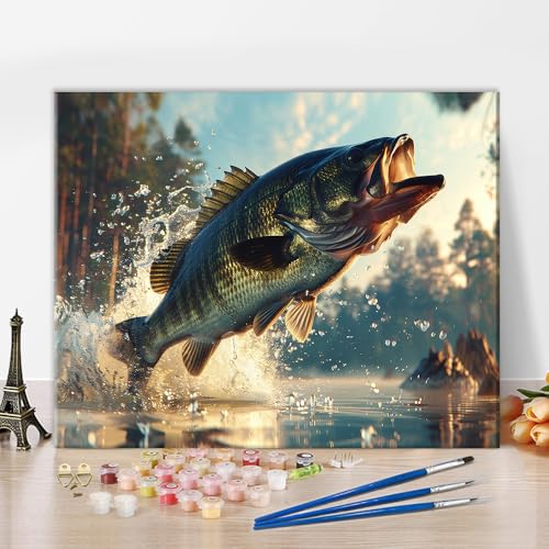 Malen nach Zahlen Big Mouth Bass, Jumping Fish Malen nach Zahlen Kit für Erwachsene, DIY Acryl Malen nach Zahlen Kits auf Leinwand Angeln, Ölgemälde für Geschenk Home Wall Decor 16 "x20"(Frameless) von TISHIRON