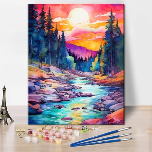 Malen nach Zahlen Erwachsene Waldlandschaft Erwachsene Malen nach Zahlen Bausätze Aquarellmalerei Natur Sonnenuntergang DIY Acryl Malen nach Zahlen Bausätze auf Leinwand 40 x 50 cm(rahmenlos) von TISHIRON