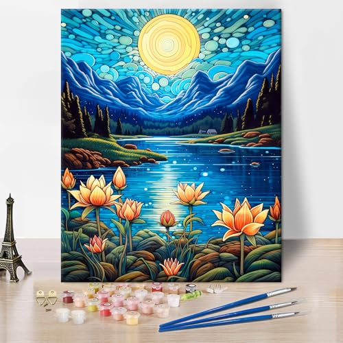 Malen nach Zahlen Kit für Erwachsene Berge Landschaft, DIY Blumen malen nach Zahlen, Nacht natürliche Landschaft malen nach Zahlen Kit Ölmalerei Acrylmalerei Kunst und Handwerk 16x20Inch ohne Rahmen von TISHIRON