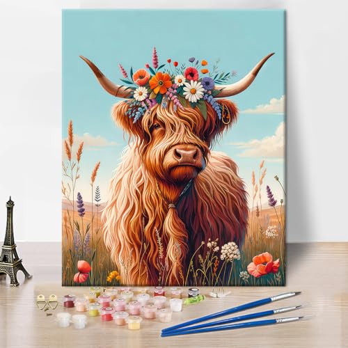 Malen nach Zahlen Kit für Erwachsene Hochlandrind DIY Leinwand Ölgemälde, Stier mit Kranz von Blumen im Feld Easy Paint by Number für Anfänger Enthusiasten Kunst Home Decor 16x20inch rahmenlos von TISHIRON