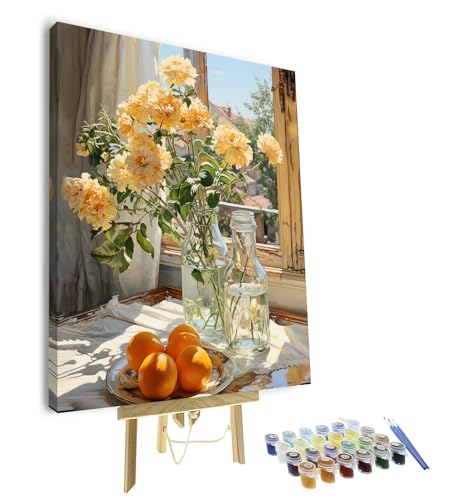 Malen nach Zahlen Kit für Erwachsene Vase Fenster Landschaft DIY Malen nach Zahlen für Erwachsene Wasserfarben Acrylmalerei Kit Set für Geschenk Haus Dekor Erwachsene Handwerk (Gerahmt, 40x50cm） von TISHIRON