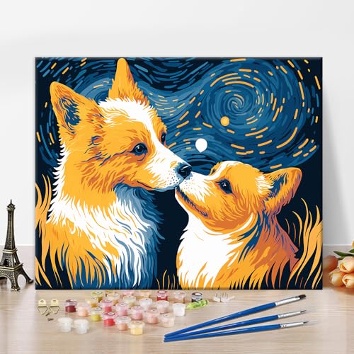 Malen nach Zahlen für Erwachsene, zwei Corgi Hunde Erwachsene Malen-nach-Zahlen-Kits Sternenhimmel Haustier Kunst Malen nach Zahlen Leinwand Ölmalerei Malen-nach-Zahlen-Kits Wall Decor 16 x20 inch von TISHIRON