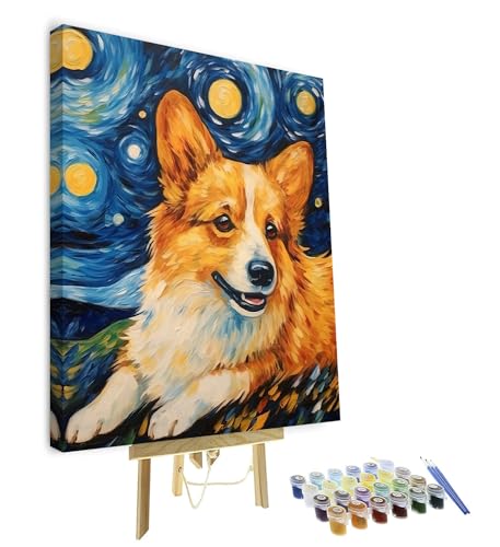 Malen nach Zahlen für Erwachsene,Corgi Ölgemälde für Kinder Niedliches Welpentier und Sternenhimmel Malerei Malen nach Zahlen Kits Acrylfarbe,Zeichnung Malerei mit Pinseln Home Decor16x20 ZollGerahmt von TISHIRON