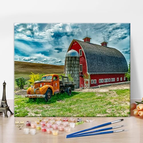 Malen nach Zahlen rote Scheune, alter Lastwagen DIY Malen nach Zahlen Kits mit 3 Pinsel und Acrylfarbe, Rural Welcome Malen nach Zahlen auf Leinwand Erwachsene für Home Decor 16x20 Zoll (Frameless) von TISHIRON