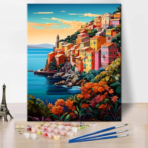 Malerei nach Zahlen für Erwachsene Bunte Gebäude Farbe nach Zahlen Kits Cinque Terre Landschaft Erwachsene Malerei nach Zahl Kits Leinwand Malerei Kit mit Pinseln und Pigment 16x20 Zoll Rahmenlos von TISHIRON