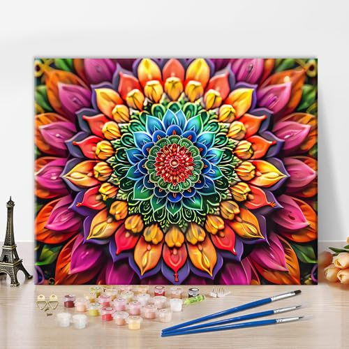 Mandala Malen nach Zahlen für Erwachsene Anfänger, Erwachsene Malen nach Zahlen Kits auf Leinwand Blühende Blumen, Malen nach Zahlen Kit für Erwachsene, Acrylmalerei nach Zahlen 16 "x20"(rahmenlos) von TISHIRON