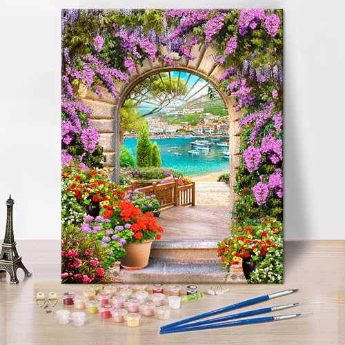 Mediterrane Landschaft Malen nach Zahlen für Erwachsene Anfänger, Fliederbogen Malen nach Zahlen Kits Flussufer Ölmalerei Erwachsene Malen nach Zahlen Acryl Malen nach Zahlen Home Wall Decor, 16"x20" von TISHIRON