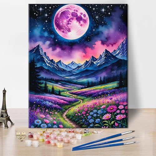 Mond Malen nach Zahlen für Erwachsene Anfänger, lila Blumenfeld DIY Malen nach Zahlen Kit für Erwachsene, Berge Malen nach Zahlen Landschaft Acrylmalerei, Malsets für Erwachsene 16 "x20"(Frameless) von TISHIRON