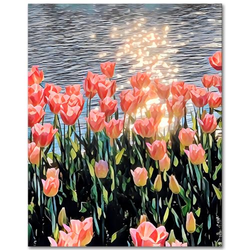 Rosa Blumen Malen nach Zahlen Erwachsene, Sonnenuntergang Malen nach Zahlen, Malen nach Zahlen de Pinsel und Acrylfarbe, 16X20 Inch Rosa Blumen Flammen Malen nach Zahlen Erwachsene Familie Freunde von TISHIRON