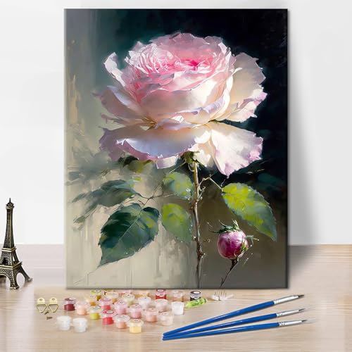 Rose Farbe nach Zahlen Kit für Erwachsene, Rosa Rose Farbe nach Zahlen, Blume DIY Farbe nach Zahlen Kit auf Leinwand Floral Anfänger Ölgemälde für Geschenk Kunstwerk Wand Dekor, 16"x 20" ohne Rahmen von TISHIRON