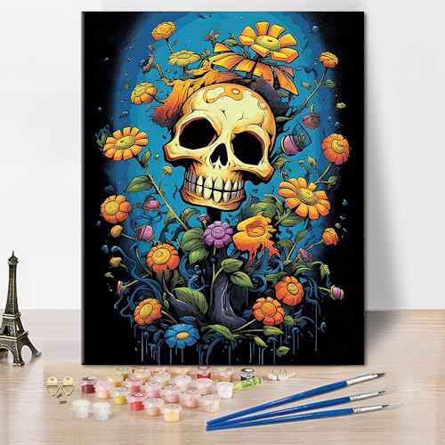 Schädel Farbe nach Zahlen Kit für Erwachsene DIY Blumen Ölfarbe nach Zahlen auf Leinwand Schädel Sonnenblume Acrylzeichnung Paintwork Kunstgewerbe Abstrakte Art Einfache Farbe nach Zahlen Kit 16"x20" von TISHIRON