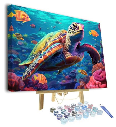 Schildkröte DIY Malen nach Zahlen für Erwachsene Anfänger Kits bunte Korallen Ölmalerei Meer Welt Illustration Bild Leinwand Acryl Pigment Kunsthandwerk für Home Wall Decor Geschenk 16x20 ZollGerahmt von TISHIRON