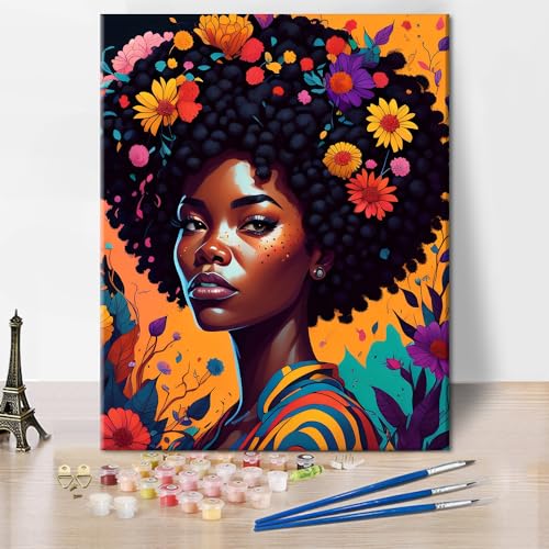 Schwarze Frau mit Blume Ölmalerei nach Zahlen für Erwachsene Bunte Boho Afro DIY Malen nach Zahlen für Anfänger Kinder Leinwand für Malerei Acryl Pigment Kunsthandwerk für Home Office 16 "x20" von TISHIRON