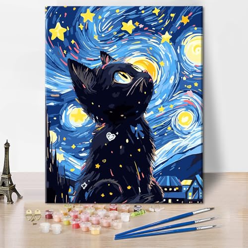 Schwarze Katze Farbe nach Zahlen für Erwachsene Anfänger Aquarell Sternenfarbe Nachtfarbe nach Zahlen Kits auf Leinwand DIY Einfache Ölgemälde Kit Kunst Handwerk Leinwand Wand Dekor Decor, 16X20inch von TISHIRON