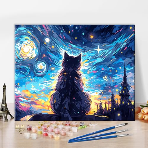 Schwarze Katze Malen nach Zahlen Erwachsene Anfänger, Malen nach Zahlen Kits auf Leinwand Tiere, Malen nach Zahlen Kit Erwachsene Sternenhimmel, Acrylmalerei nach Zahlen 40 x 50 cm(rahmenlos) von TISHIRON