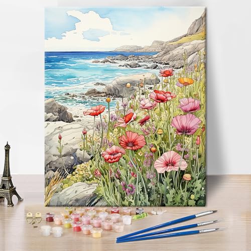 Seashore Malen nach Zahlen für Erwachsene Anfänger mit 3 Pinseln Oceanfront Wildblumen Acrylmalerei nach Zahlen Kits DIY Ölmalerei Kits Geschenk Blumen Kunsthandwerk für Home 16"x 20" (Frameless) von TISHIRON