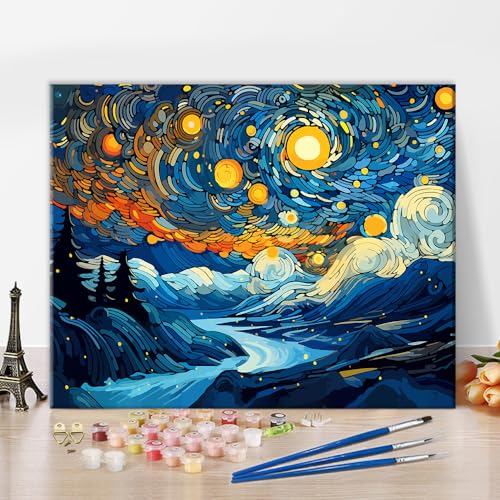 Starry Night abstrakte DIY Malen nach Zahlen für Erwachsene Anfänger Kits bunte Aquarellmalerei Berge und Flüsse Bild Leinwand Acryl Pigment Kunsthandwerk für Home Wall Decor Geschenk 16x20 Zoll von TISHIRON