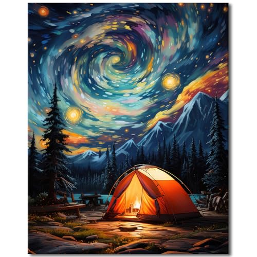 Sternenhimmel Farbe nach Zahlen Erwachsene auf Leinwand, DIY Abstrakte Landschaft Wilderness Zelte Ölgemälde Geschenk-Zuhause Wohnzimmer Schlafzimmer Küche Badezimmer Wand Dekor 16x20 Zoll ohne Rahmen von TISHIRON