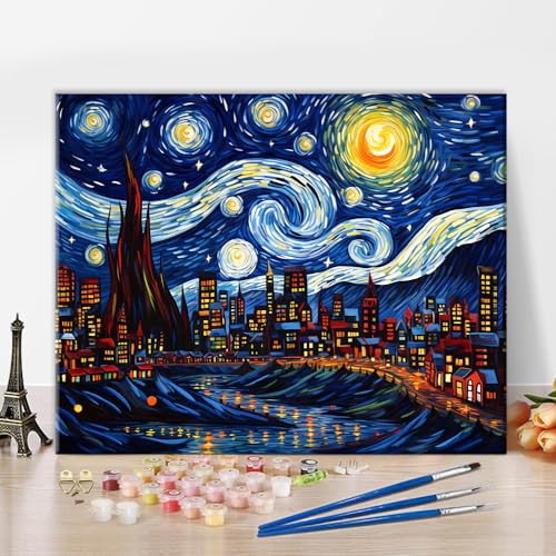 Sternenhimmel Malen nach Zahlen für Erwachsene, Abstrakte Stadt Erwachsene Malen nach Zahlen Kits Kleine Stadt Sternennacht Malerei Kunst Malen nach Zahlen Easy Oil Painting Home Decor 16 x20 Inch von TISHIRON