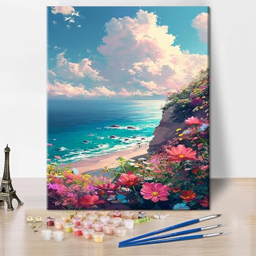 Strand-Farbe nach Zahlen für Erwachsene, Meer-Landschaft DIY-Farbe nach Zahlen, Landschaft-Aquarell-Farbe nach Zahlen für Erwachsene Anfänger Ölgemälde für Home Wall Decor 16x20 Inch Rahmenlos von TISHIRON