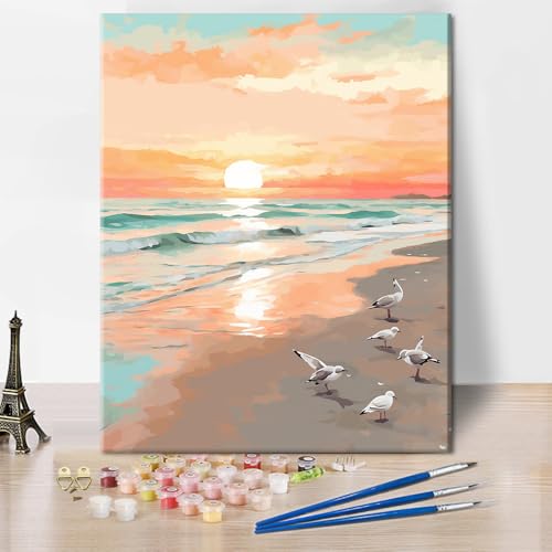 Strand Malen nach Zahlen Kit für Erwachsene, Erwachsene Malen nach Zahlen Möwen, DIY Acryl Malen nach Zahlen Kits auf Leinwand abstrakte Landschaft, Ölgemälde Home Wall Decor 16 "x20"(Frameless) von TISHIRON