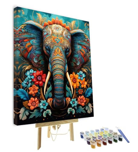 TISHIRON (Mit Rahmen) Malen nach Zahlen Kit Erwachsene, Elefanten Malen nach Zahlen, Blumen Erwachsene Malen nach Zahlen Kits, bunte Elefanten Home Wall Decor, Home Wall Decor 40x50cm von TISHIRON