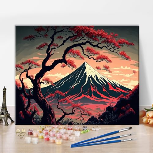 TISHIRON Abstract Landschaft Malen nach Zahlen für Erwachsene Fuji-Berg Baum Japan DIY Erwachsenen Malen nach Zahlen Kits auf Leinwand Aquarell Zeichnung Malen nach Zahlen Ölmalerei Kunsthandwerk von TISHIRON